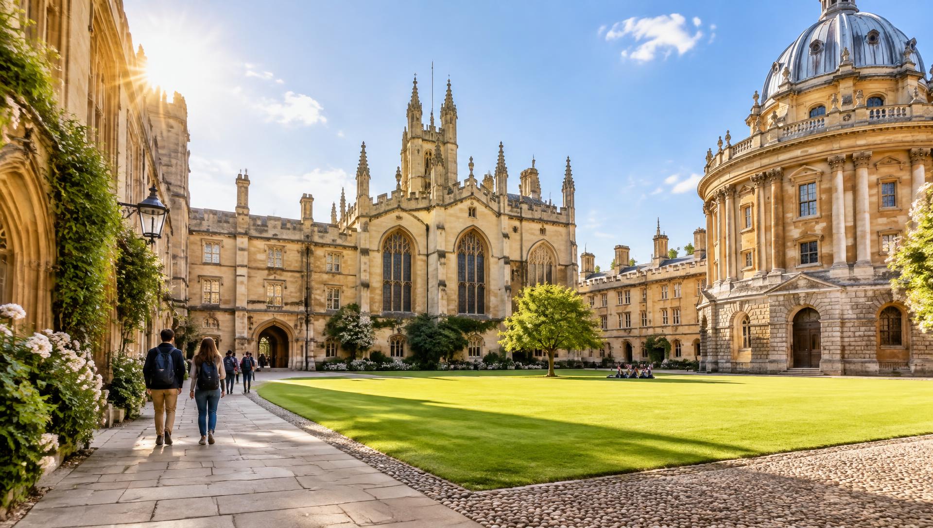 Students walking through a sunlit university courtyard